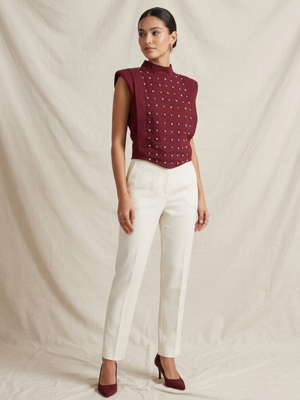 Elegant Burgandy Studded Women's Top